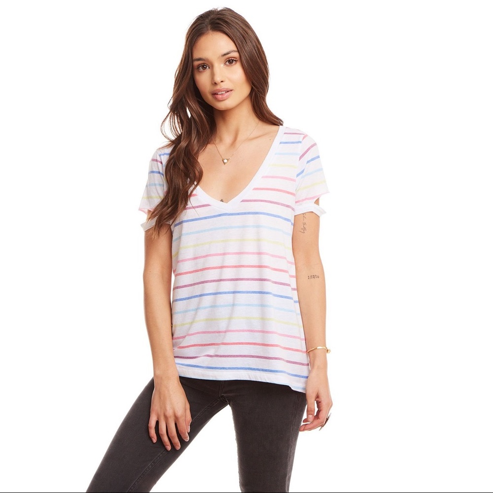 Chaser Vented Sleeve V Neck Tee White Multi Stripe Size Medium NWT